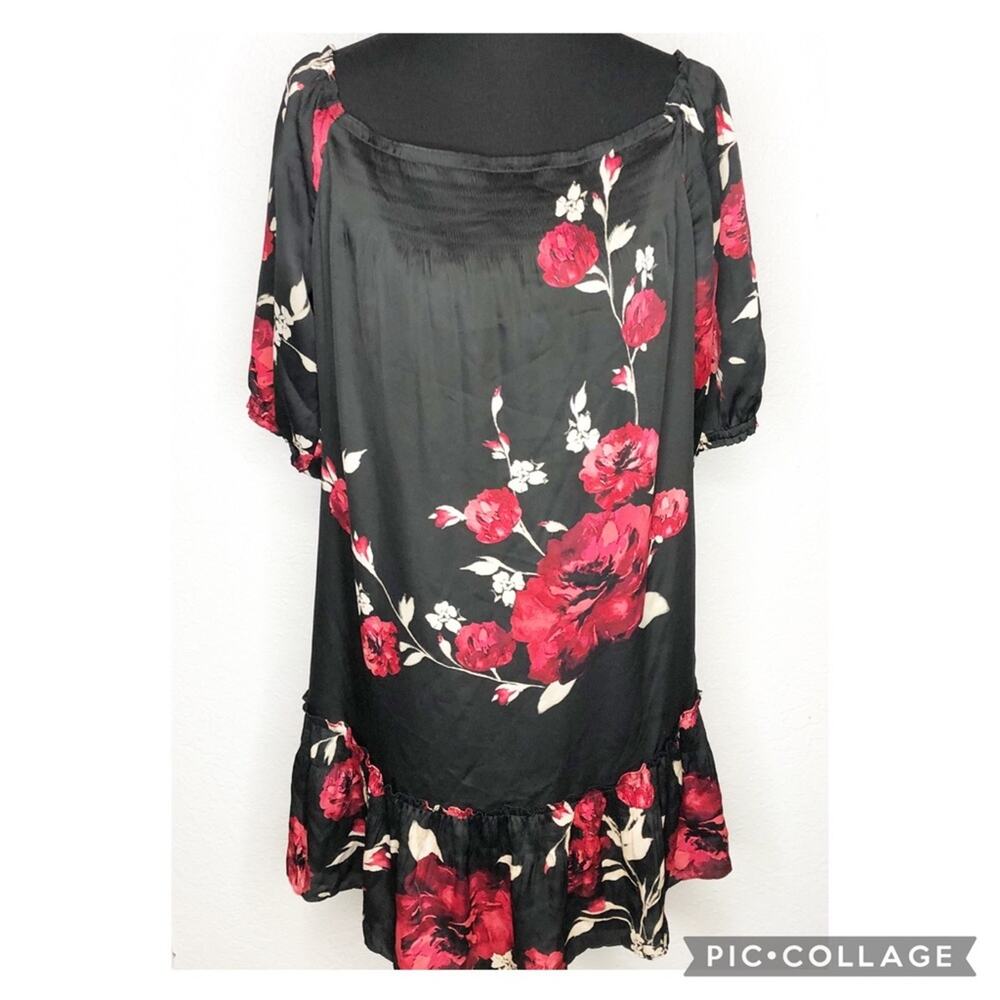 WHBM black red floral ruffle hem shift tunic dress size Medium